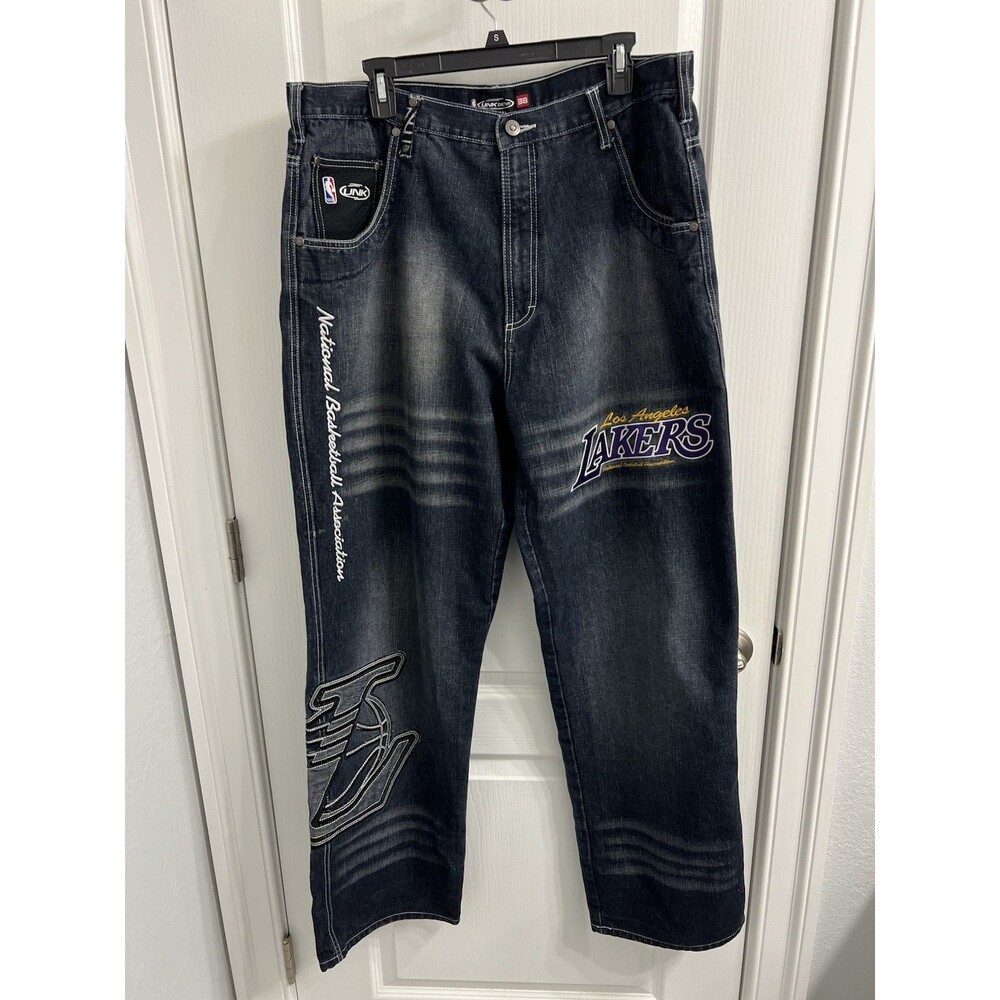 Y2K UNK NBA Los Angeles Lakers Baggy Wide Leg Denim Jeans Size 38 Rare